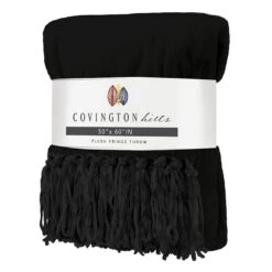 Black Fringe Plush Throw Blanket, 50x60