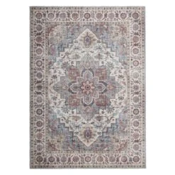 (D448) Found & Fable Chenille Printed Vintage Look Blue Medallion Area Rug, 5x7