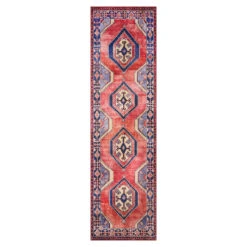 (D565) Freya Red & Blue Medallion Washable Runner, 2x7