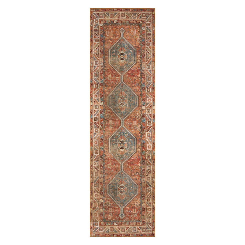 (D570) Freya Red Multicolor Medallion Washable Runner, 2x7