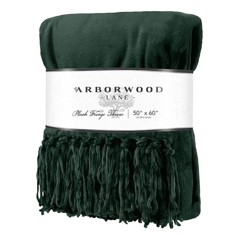 Dark Green Plush Fringe Throw Blanket, 50x60