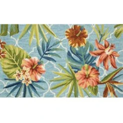 (E227) Santa Monica Trellis Aqua Floral Indoor & Outdoor Accent Rug, 2x4