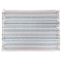 Found & Fable White & Green Woven Striped Fringe Throw Blanket, 50x60