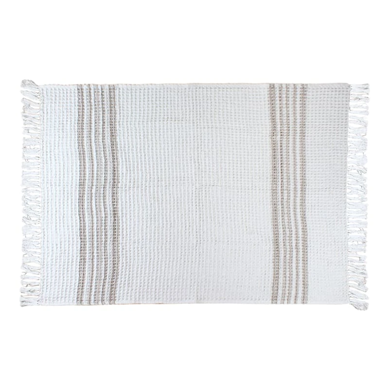 Found & Fable White Waffle Natural Striped Fringe Throw Blanket, 50x60