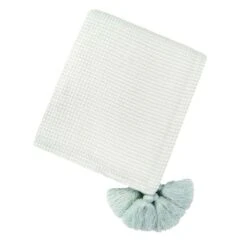 Grace Mitchell White Waffle Weave Blue Tassel Throw Blanket, 50x60