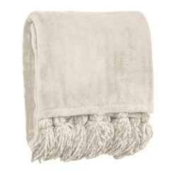 Honeybloom Almond Milk Throw Blanket With Chenille Tassels, 50x60