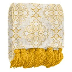 Honeybloom Yellow Medallion Patterned Throw Blanket With Tassels, 50x60