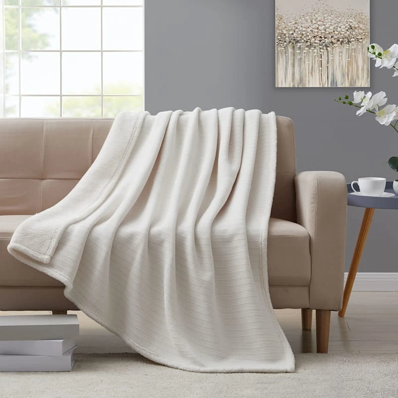 Ivory Chenille Reverse Plush Throw Blanket, 60x60 - Image 5