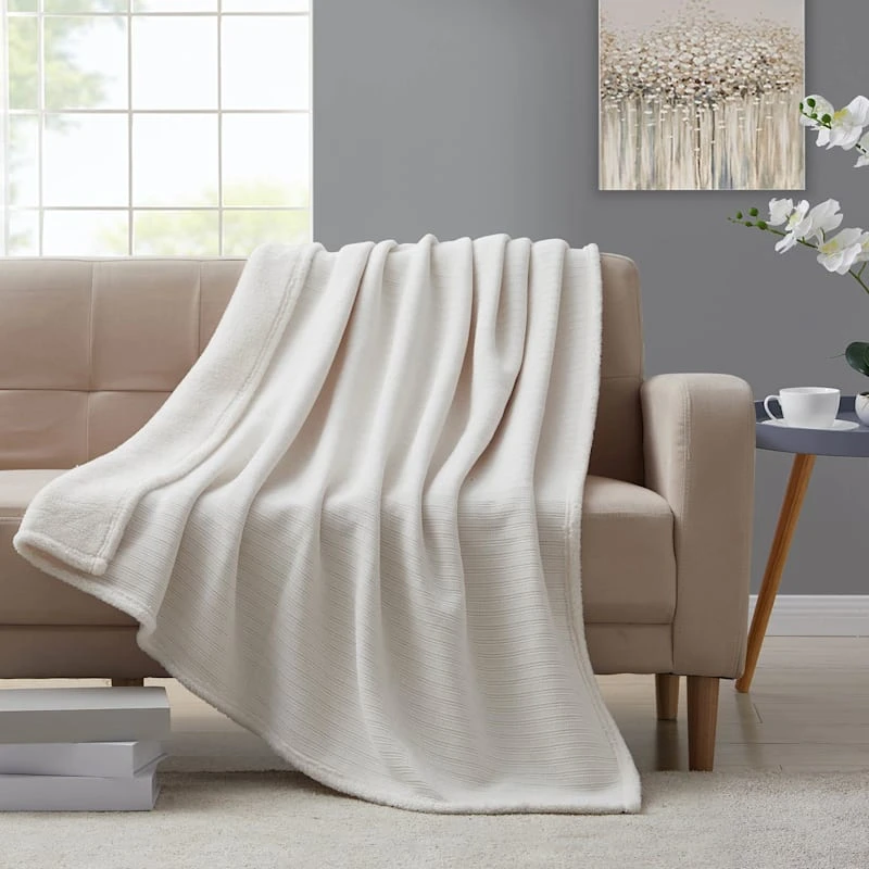 Ivory Chenille Reverse Plush Throw Blanket, 60x60 - Image 6