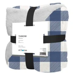 Navy Buffalo Check Sherpa Reversible Plush Throw Blanket, 50x60