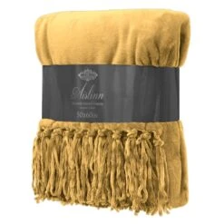 Ochre Fringe Plush Throw Blanket, 50x60