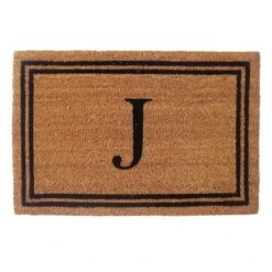 Providence Monogram J Black Natural Border Coir Mat, 18x27