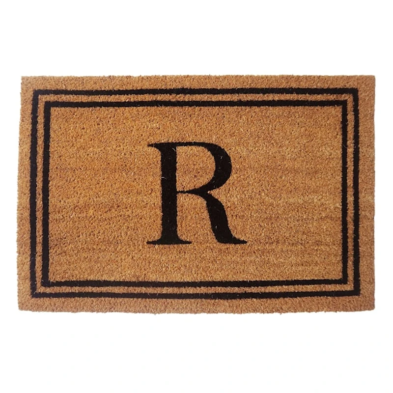 Providence Monogram R Black Natural Border Coir Mat, 18x27
