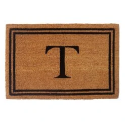 Providence Monogram T Black Natural Border Coir Mat, 18x27