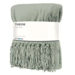 Sage Green Plush Fringe Throw Blanket, 50x60